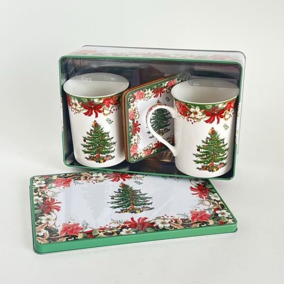 Set of TWO NIB Spode Christmas Tree 5 pc tin sets Poinsettia 4 mugs 2 tins - Picture 5 of 6